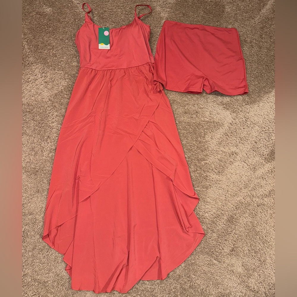 SOLD**Halara Coral Maxi Dress and Shorts Set